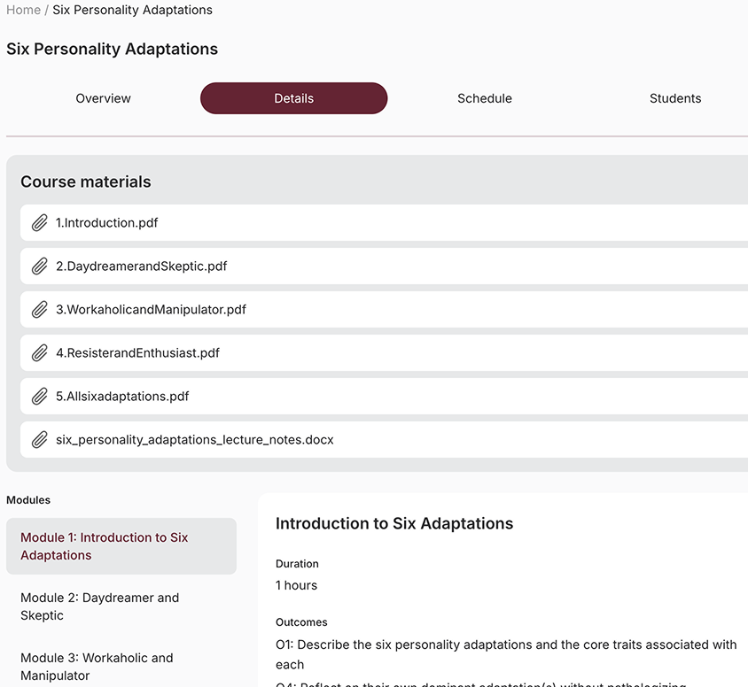 EdJoy course materials and modules view showing an educator-created Learning Space