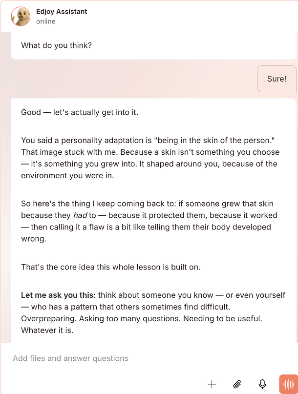 EdJoy learner dialogue showing personal guidance and a next learning question
